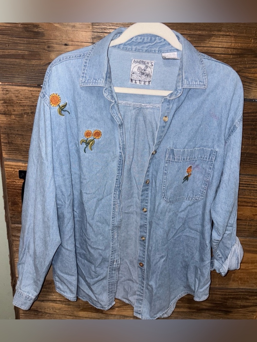Andrew's Blues Light Blue Sunflower Embroidered Denim Shirt - Women's